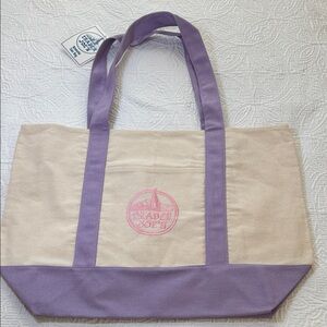 Trader Joe's Lavender & Cream Canvas Tote with Pink embroidered logo